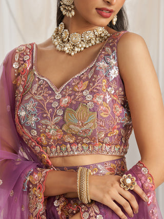 Organza Patch type work Embroidered Using Golden Color Sequin,Multi-Thread Semi-Stitched Lehenga Choli