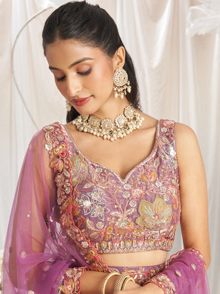 Organza Patch type work Embroidered Using Golden Color Sequin,Multi-Thread Semi-Stitched Lehenga Choli