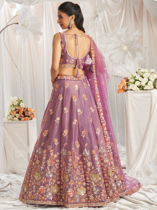 Organza Patch type work Embroidered Using Golden Color Sequin,Multi-Thread Semi-Stitched Lehenga Choli