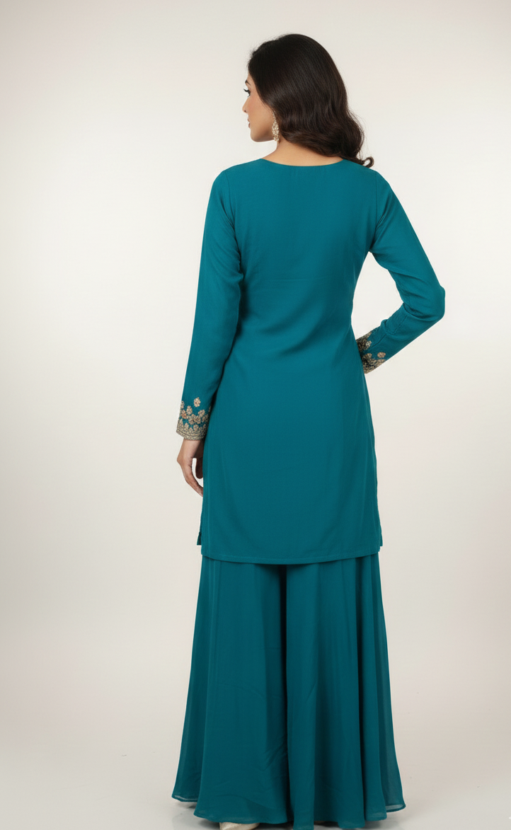 Teal Blue Embroidered Silk Sharara Suit