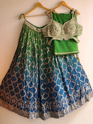 Blue and Green Bandhani Silk Embroidered Lehenga Choli