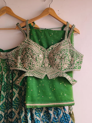 Blue and Green Bandhani Silk Embroidered Lehenga Choli