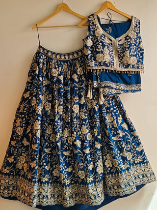 Navy Blue Silk Thread Embroidered Lehenga Choli