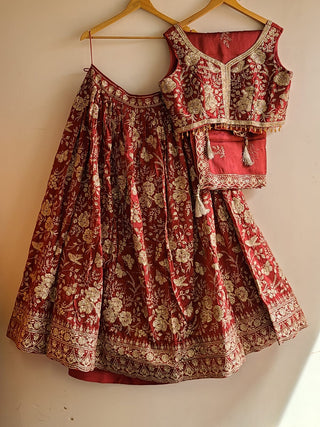 Deep Maroon Silk Thread Embroidered Lehenga Choli