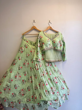 Mint Green Floral Embroidered Lehenga Choli Set