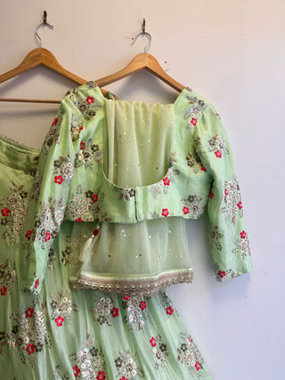 Mint Green Floral Embroidered Lehenga Choli Set