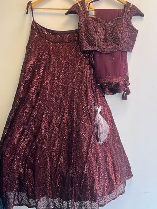 Wine Sequin Embellished Lehenga Choli Set