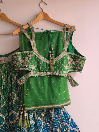 Blue and Green Bandhani Silk Embroidered Lehenga Choli