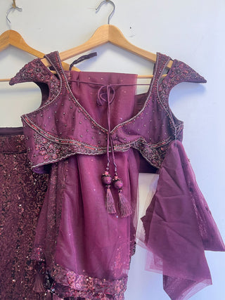 Wine Sequin Embellished Lehenga Choli Set