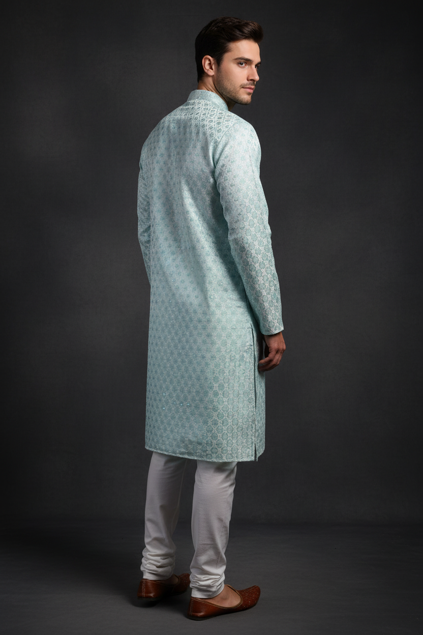 Back angle – mint kurta with white pajama