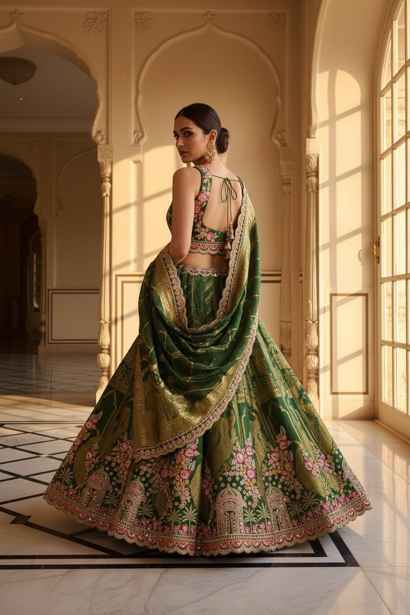 Back Pose – Green Banarasi Lehenga