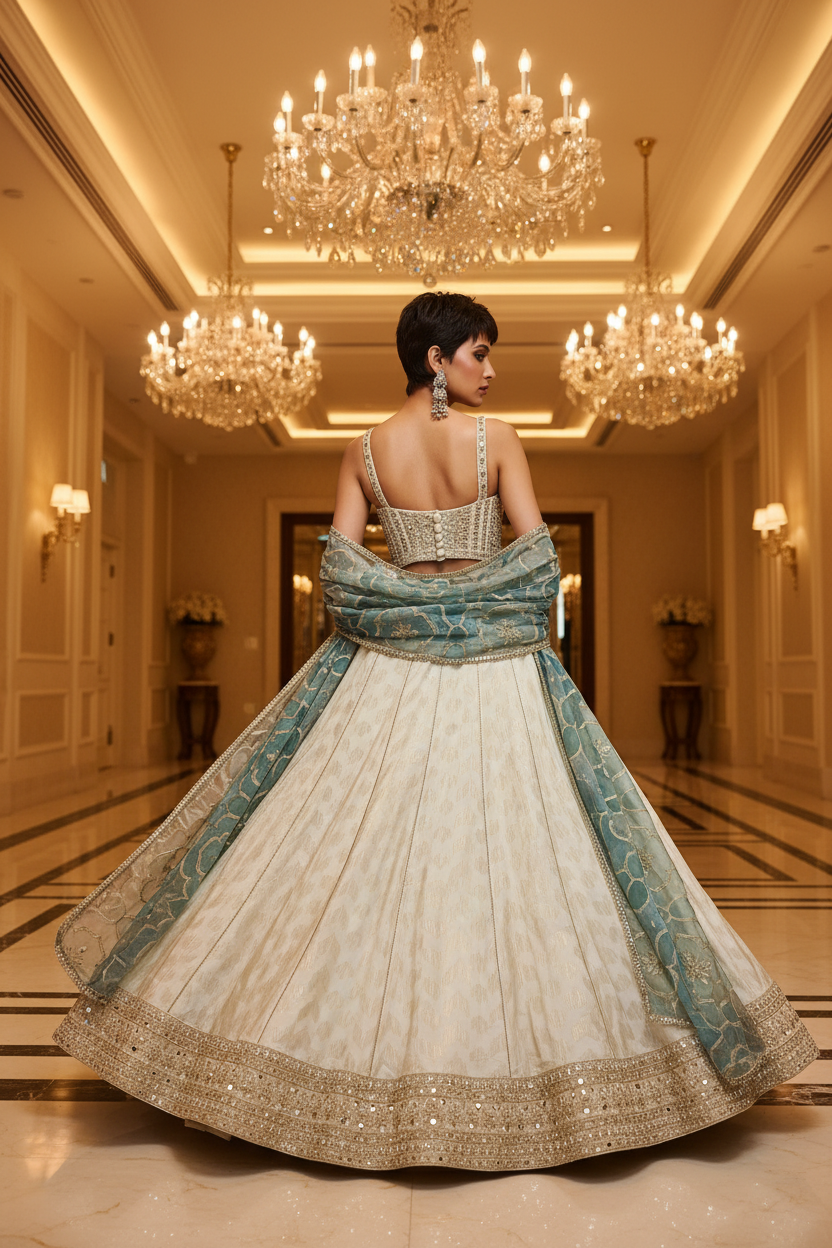 Back Pose – Ivory Corset Lehenga