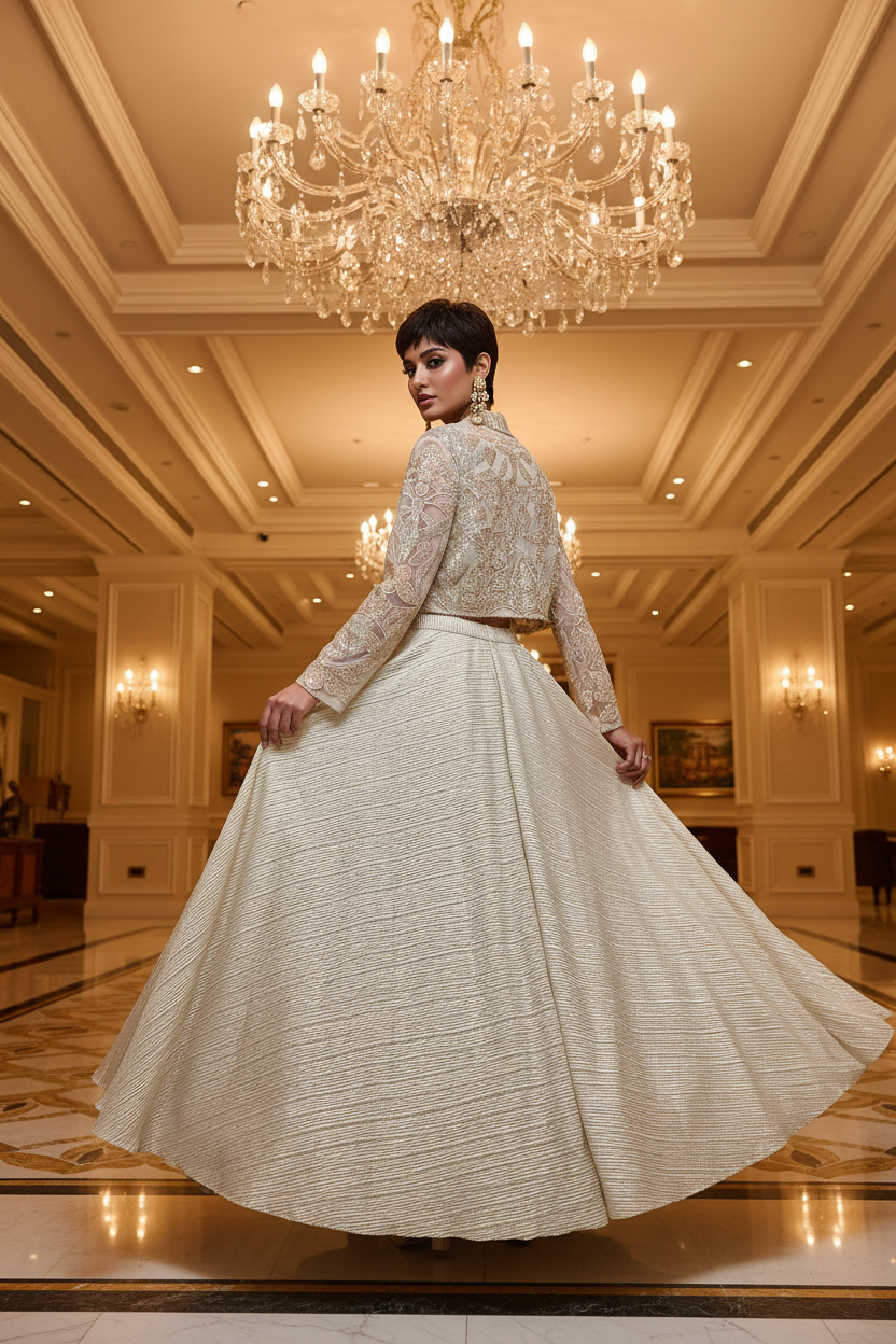 Back Pose – Ivory Gold Lehenga