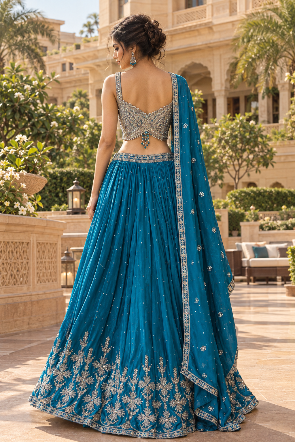 Back view of teal lehenga