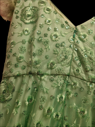 Mint Green Embroidered Ball Gown with Floral Embellishments & Feather Details