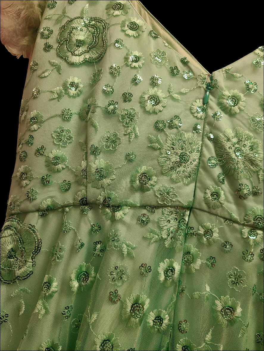 Mint Green Embroidered Ball Gown with Floral Embellishments & Feather Details