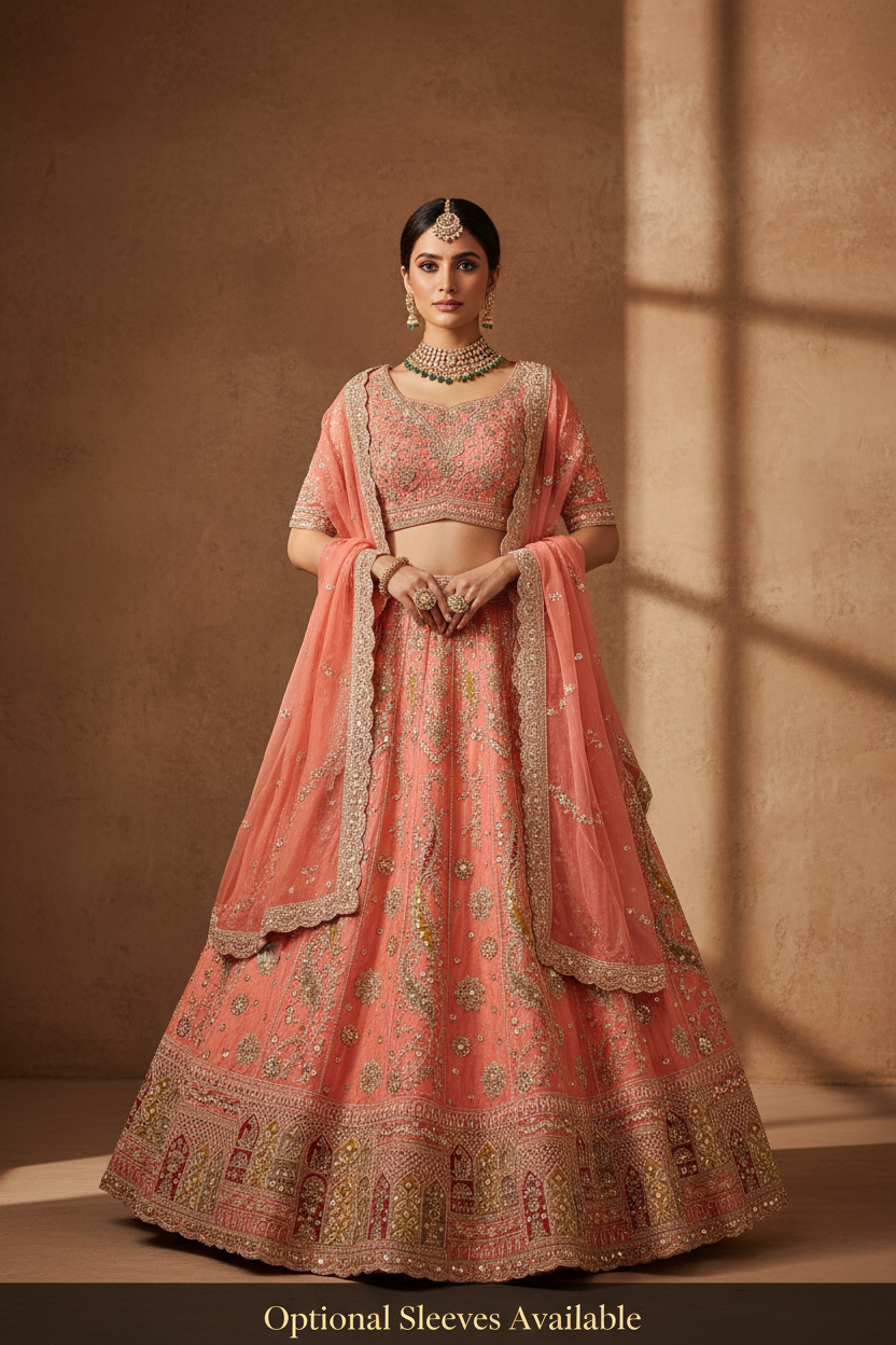 Coral Bridal Lehenga - Elbow Sleeve Front Pose