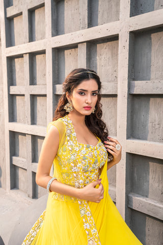 Yellow Lehenga Saree with Jacket - One minute Saree