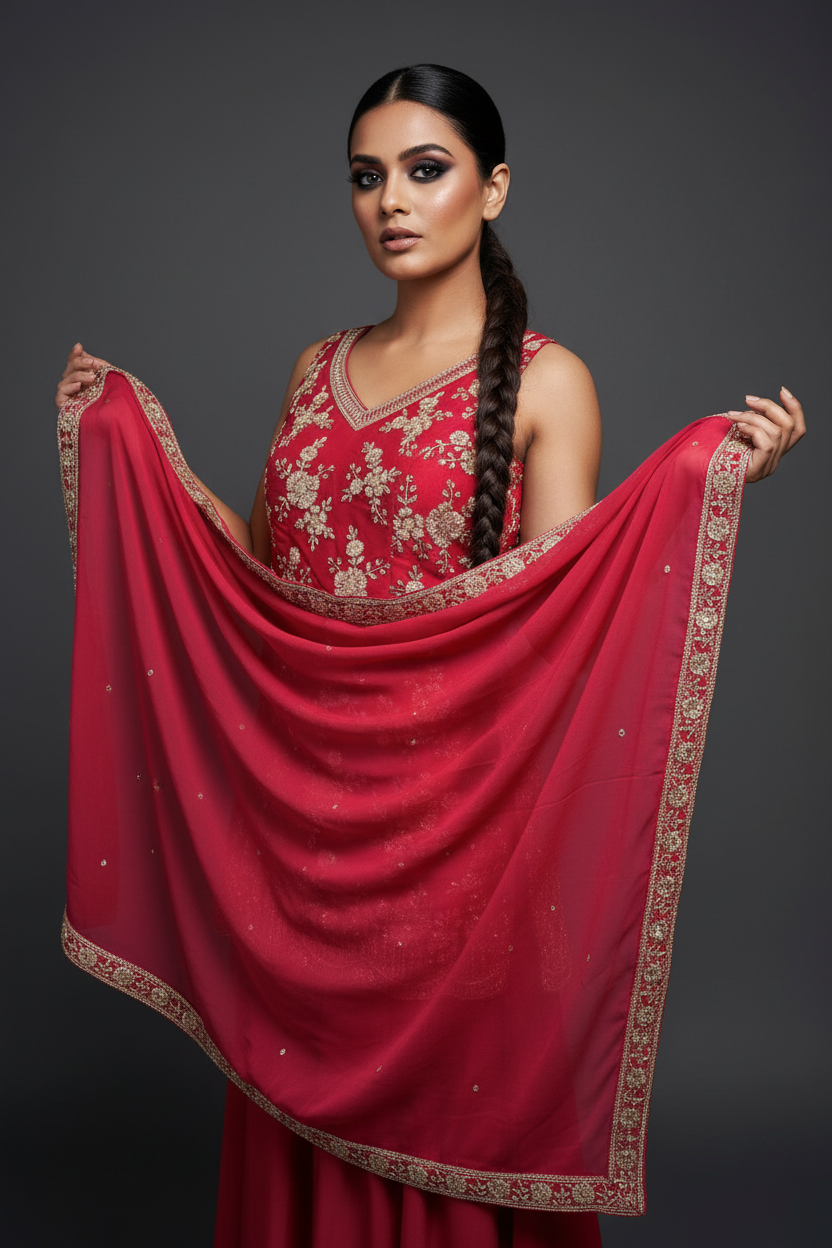 Embroidery detail pose