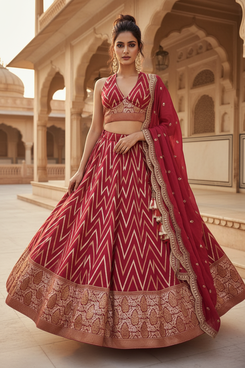 Front Pose – Crimson Chevron Lehenga