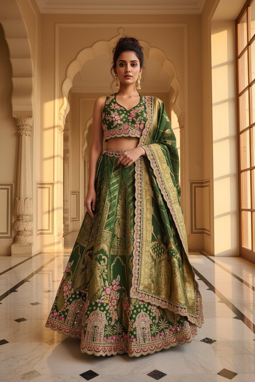 Front Pose – Green Banarasi Lehenga