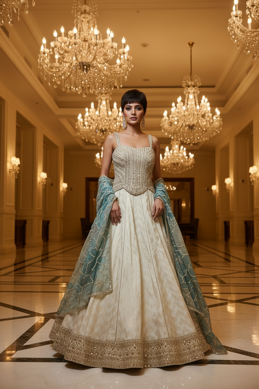 Front Pose – Ivory Corset Lehenga