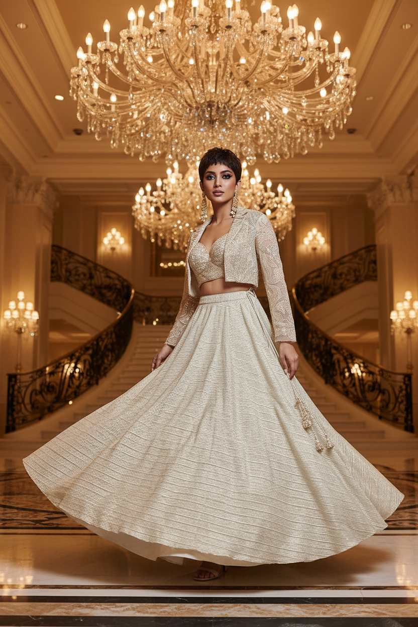 Front Pose – Ivory Gold Lehenga