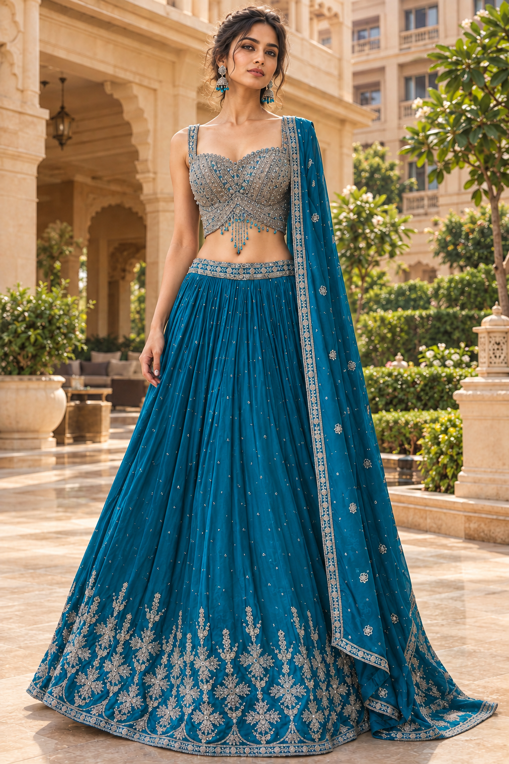 Front view of teal lehenga