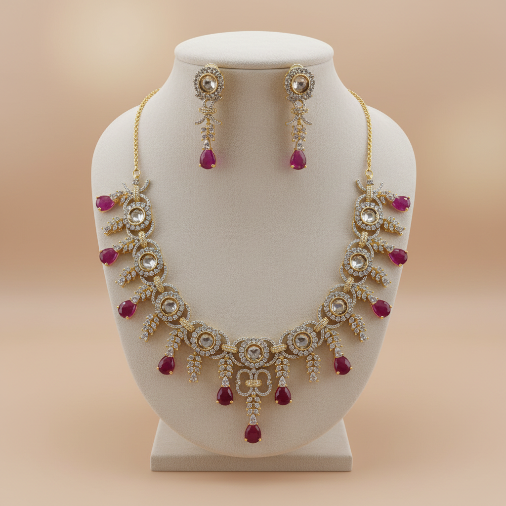 Gold-tone floral necklace set with crystal-style stones and ruby-colored teardrop drops on a cream display bust