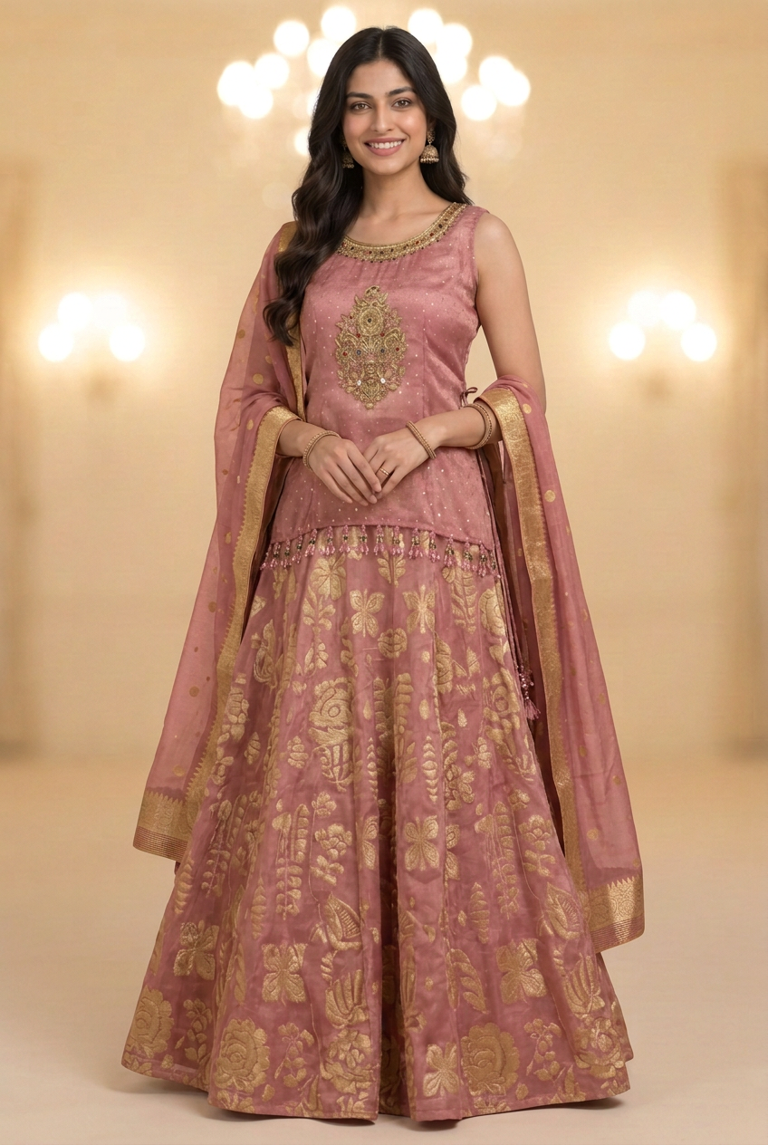 Front view of pink organza tissue lehenga with gold botanical motifs, sleeveless embellished blouse and matching dupatta.
