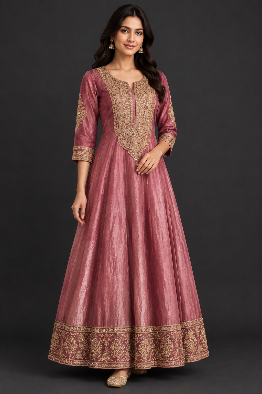 Model wearing a dusty rose embroidered Anarkali without the dupatta