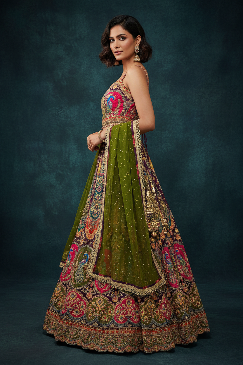 Purple Peacock Embroidered Lehenga