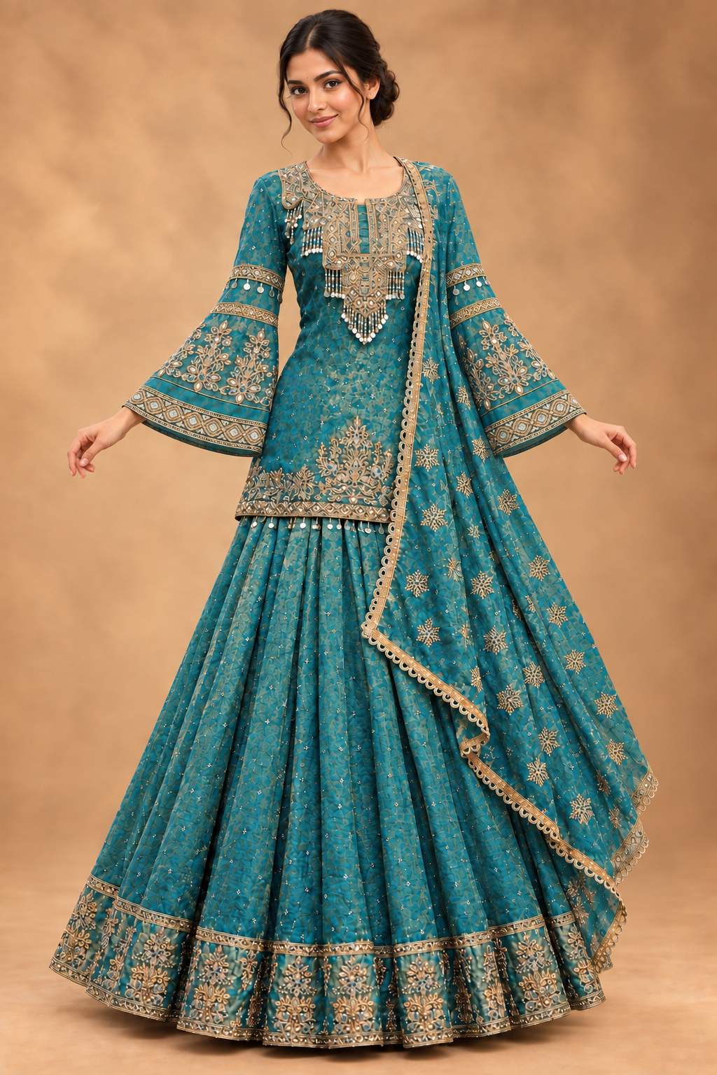 Front view of a female model wearing a teal gold lehenga set with floral bell sleeves and matching dupatta