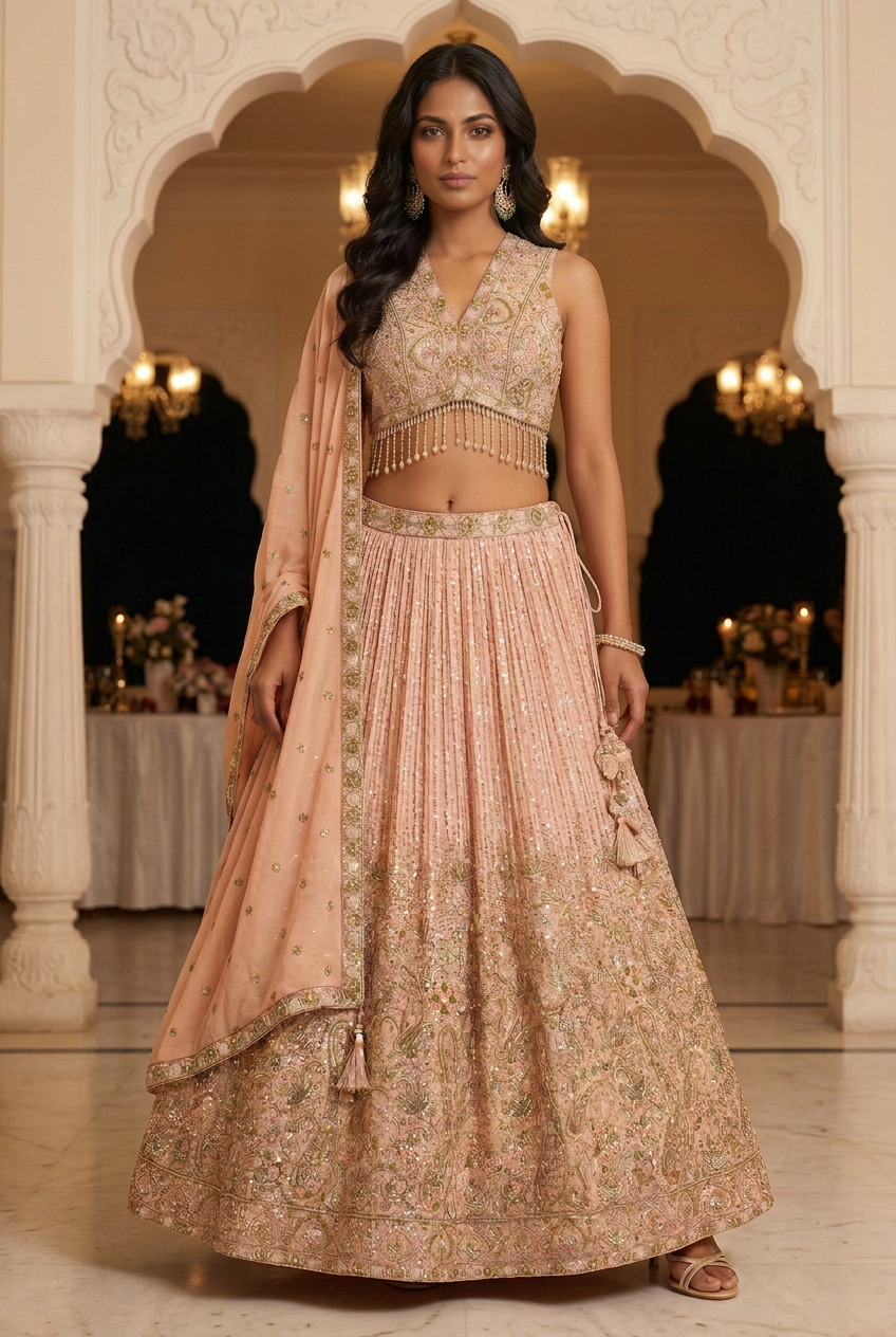 Front view of blush peach embellished lehenga with sleeveless blouse and matching dupatta, styled with soft waves.