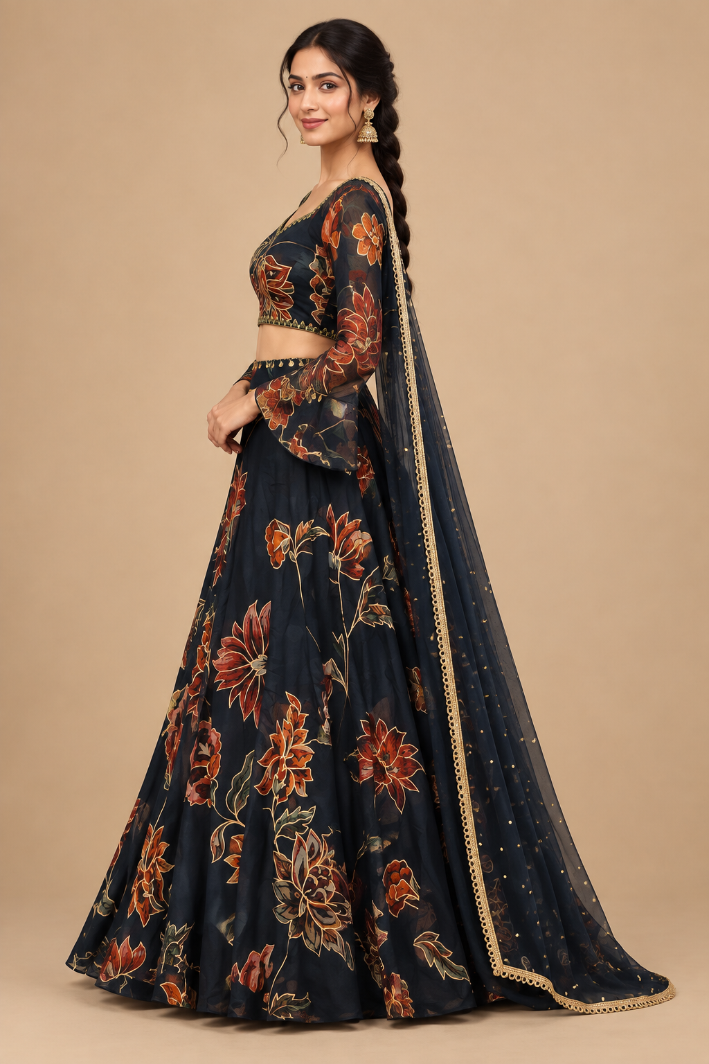 Side view of female model in dark floral Garba lehenga with flared sleeves and sheer dupatta