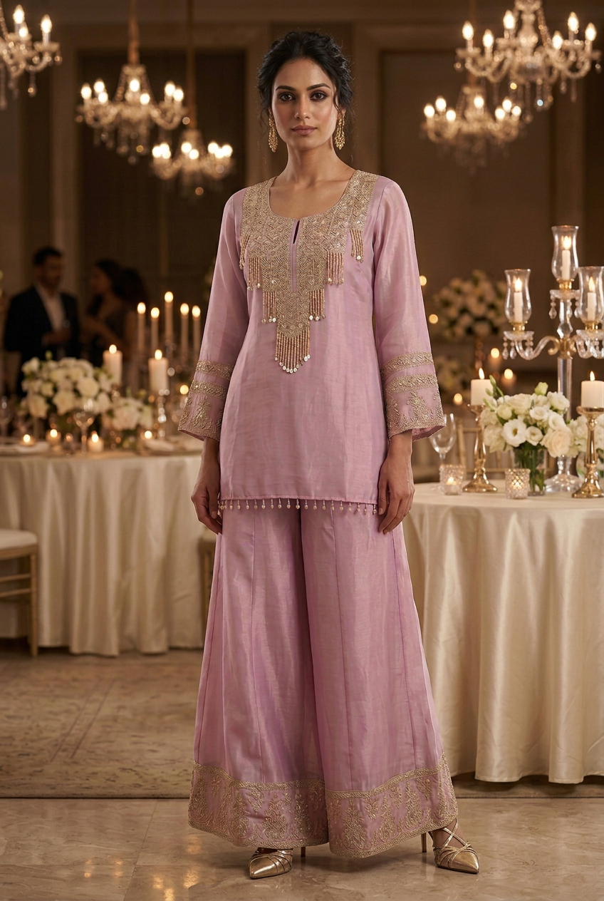 Lilac embroidered top and wide-leg sharara styled without dupatta at an elegant reception