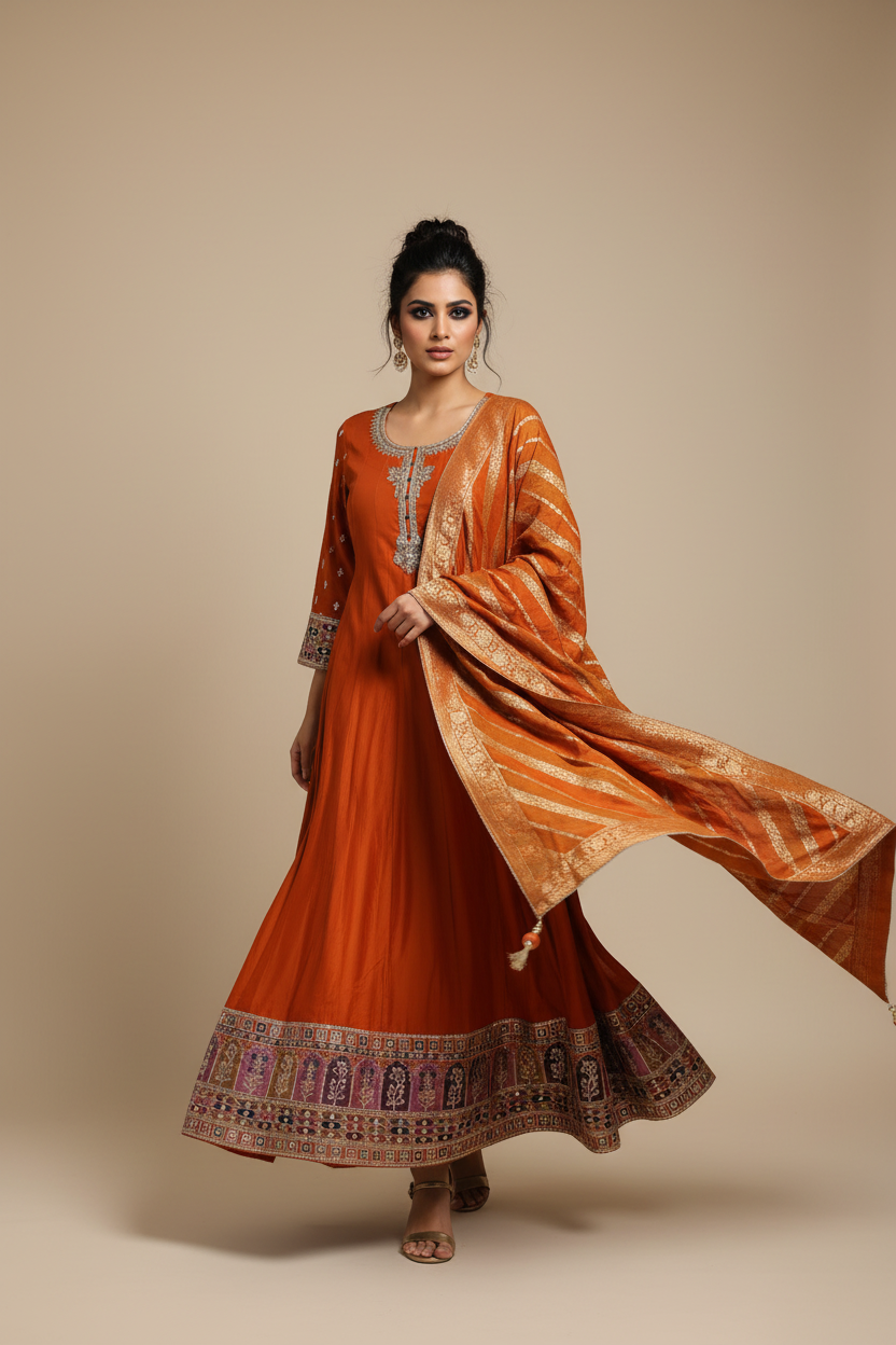 Walking pose – Orange anarkali set with gold dupatta