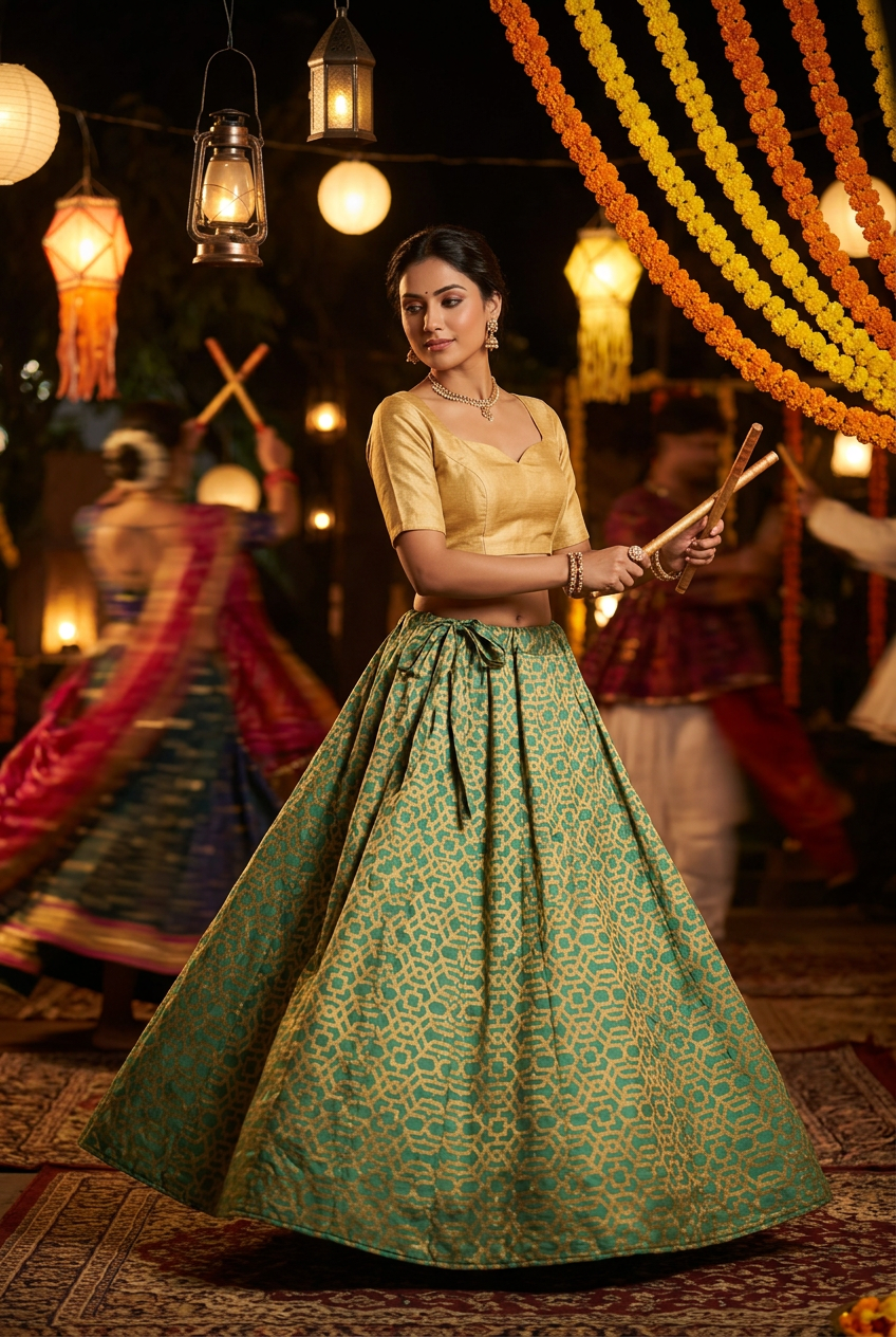 Garba model styling green and gold skirt with an inspiration-only blouse, not included or available for purchase.