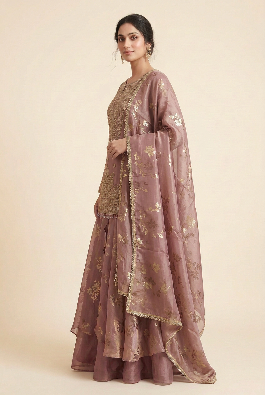 Side view of mauve layered lehenga and matching floral dupatta with narrow gold-toned edging