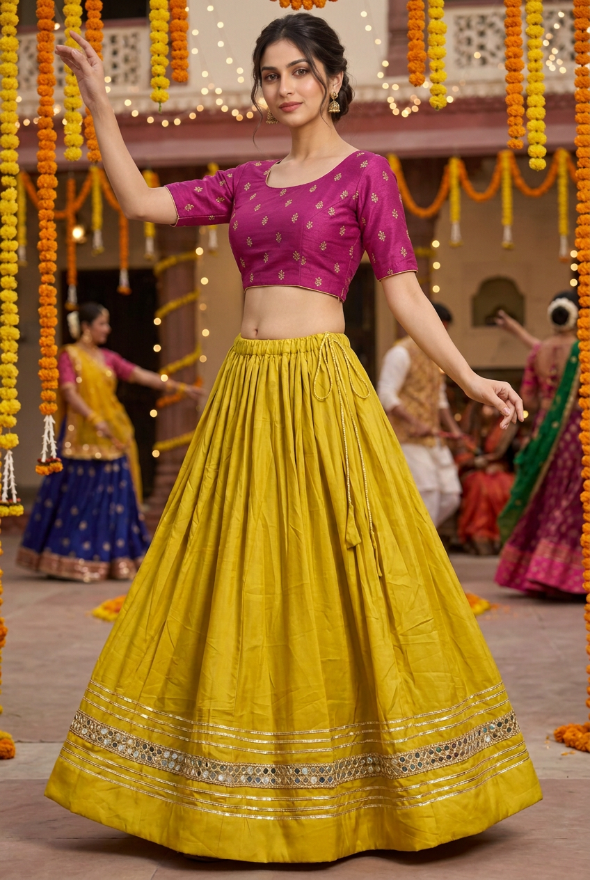 Same elegant model in a Garba-inspired pose wearing yellow skirt. Pictured blouse is styling inspiration only, not included or offered for purchase.