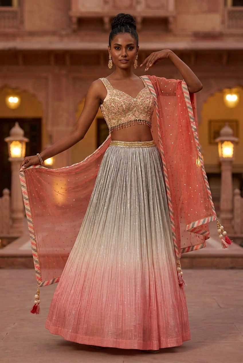 Confident raised-arm dance pose displaying a floor-length coral ombre lehenga and striped-border dupatta.