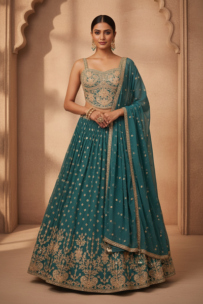 Teal Gold Embroidered Lehenga