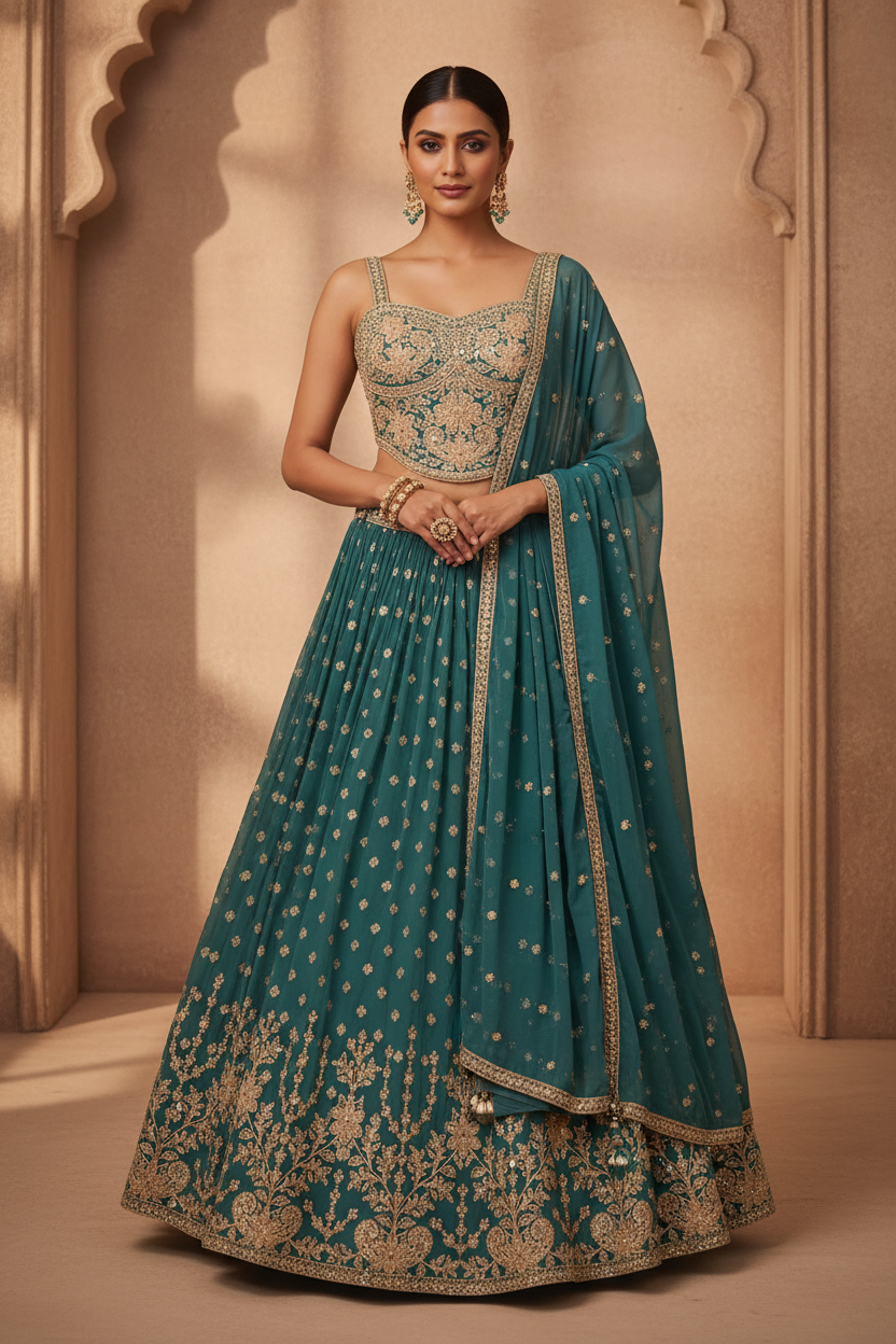 Teal Gold Embroidered Lehenga