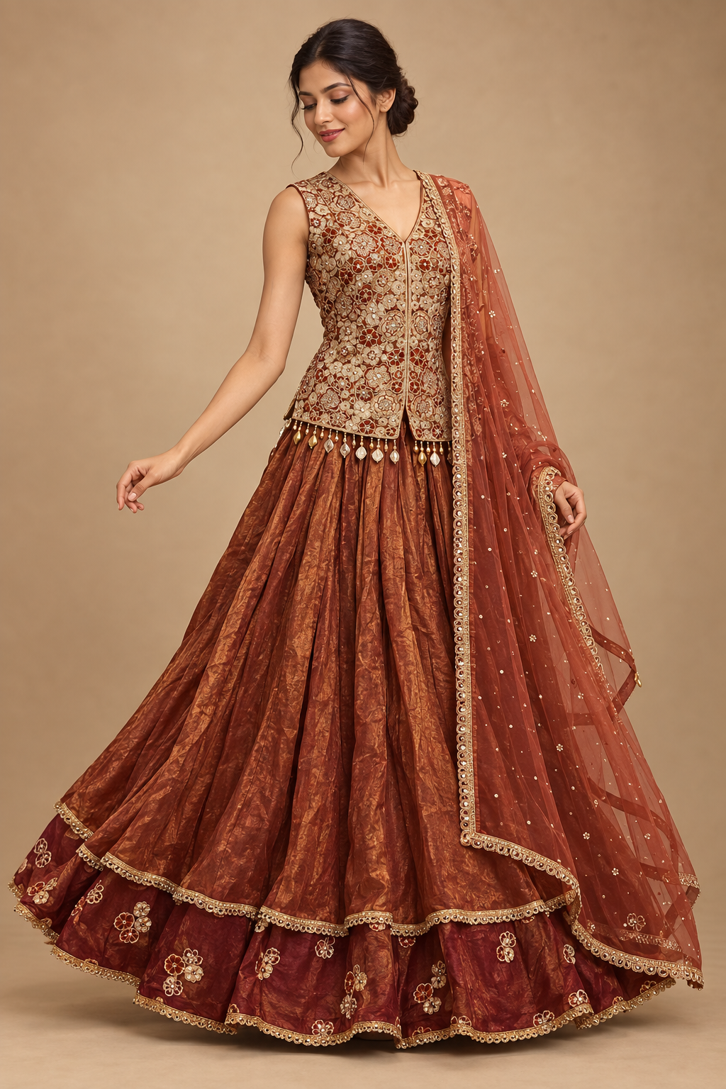 Three-quarter view of rust lehenga, embroidered sleeveless blouse and sheer dupatta