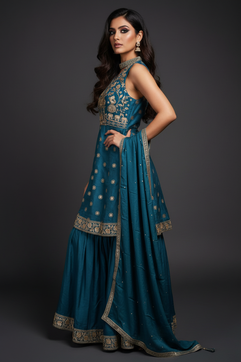 Teal embroidered sharara set - side pose with dupatta