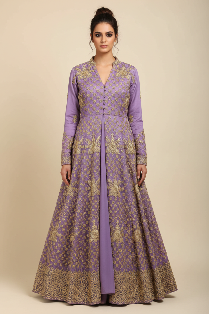 Model in front pose wearing lavender gold embroidered anarkali without dupatta