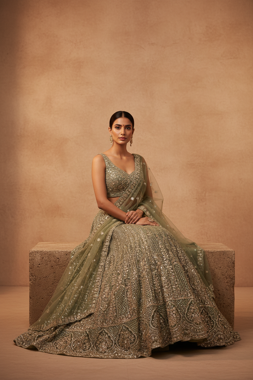 Sage green embroidered lehenga - seated editorial pose