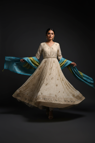 Ivory & Gold Zardozi Anarkali with Bandhani Dupatta