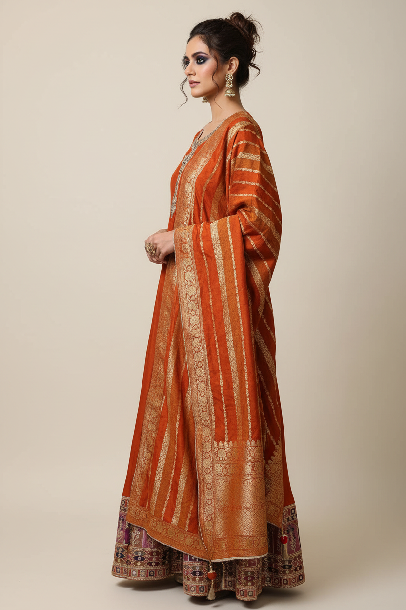 Side profile – Orange anarkali set with gold dupatta