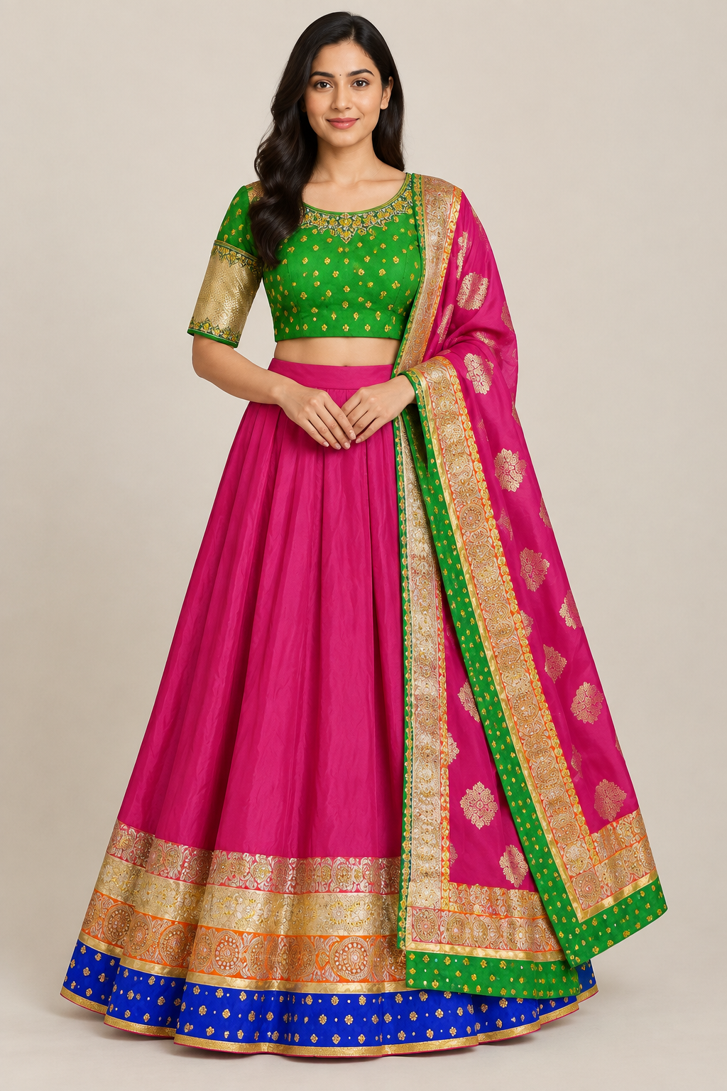 Front view of model wearing magenta lehenga and reference-inspired green blouse with gold sleeves